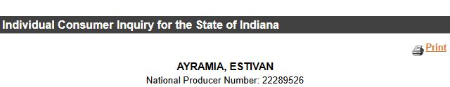 Indiana producer identity for Estivan Ayramia, license 4244109